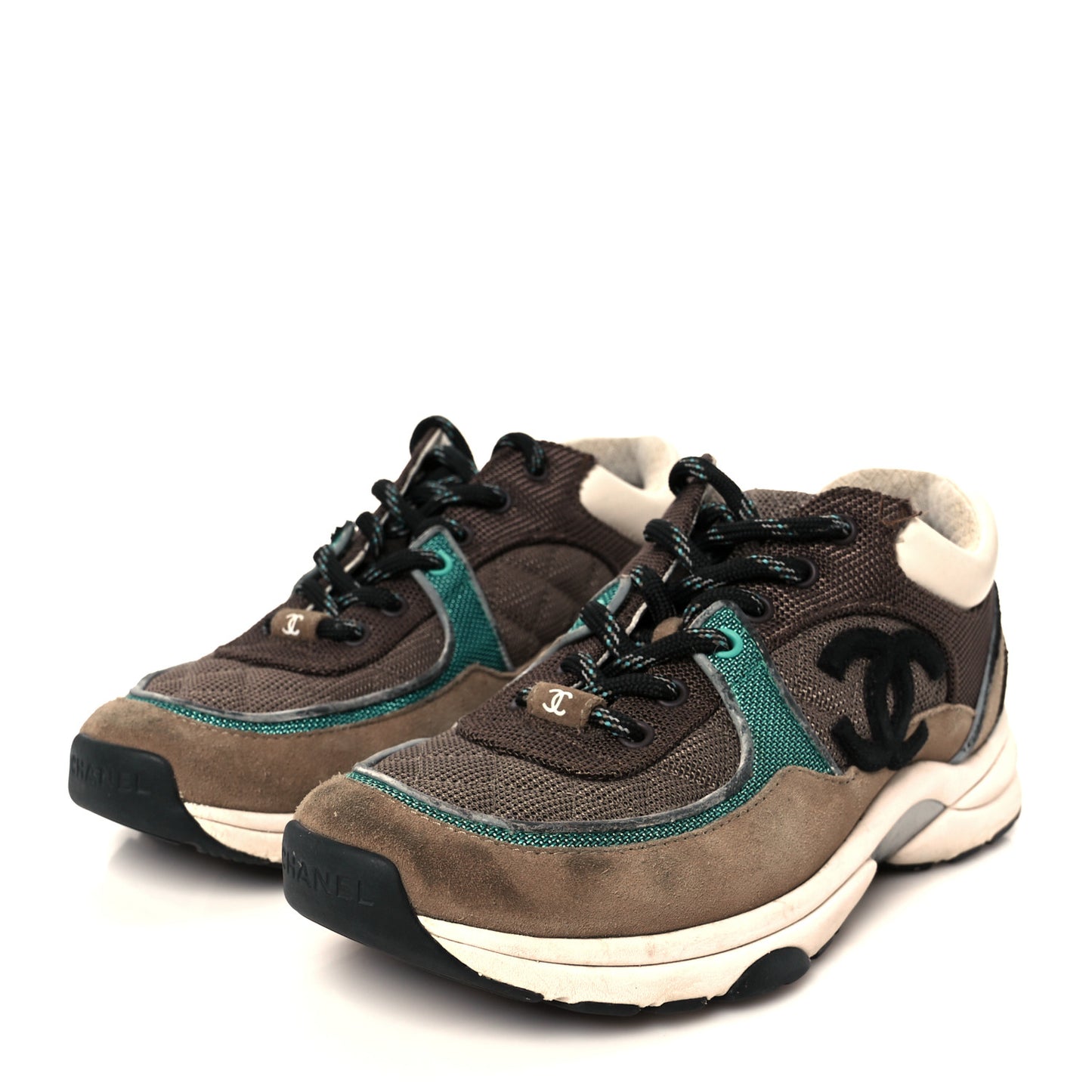 Nylon Calfskin Suede Womens CC Sneakers 37.5 Brown Green