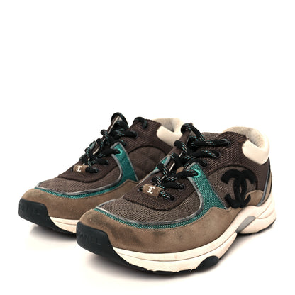 Chanel Nylon Calfskin Suede Womens CC Sneakers 37.5 Brown Green 4 of 11