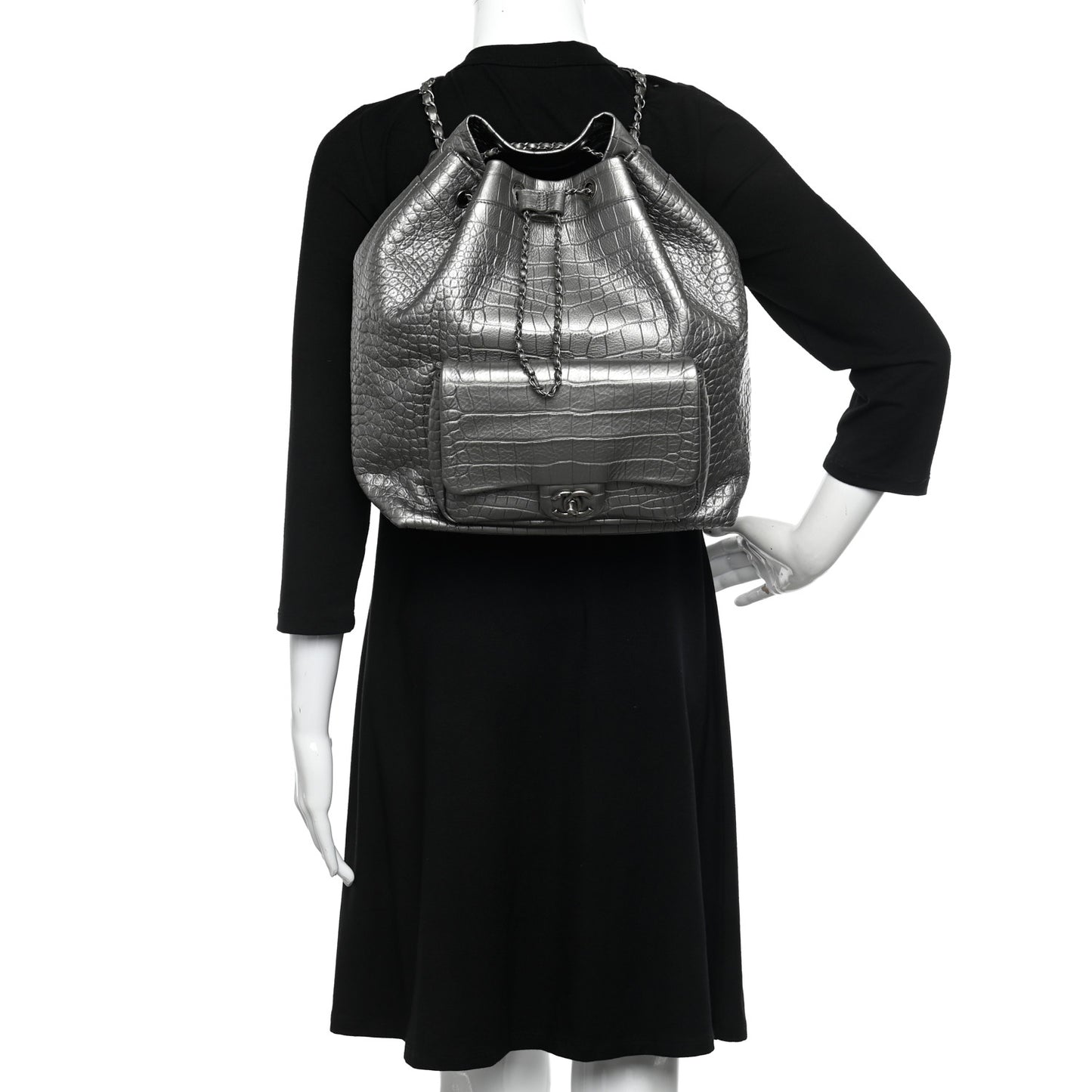 Metallic Calfskin Crocodile Embossed Large Backpack Silver