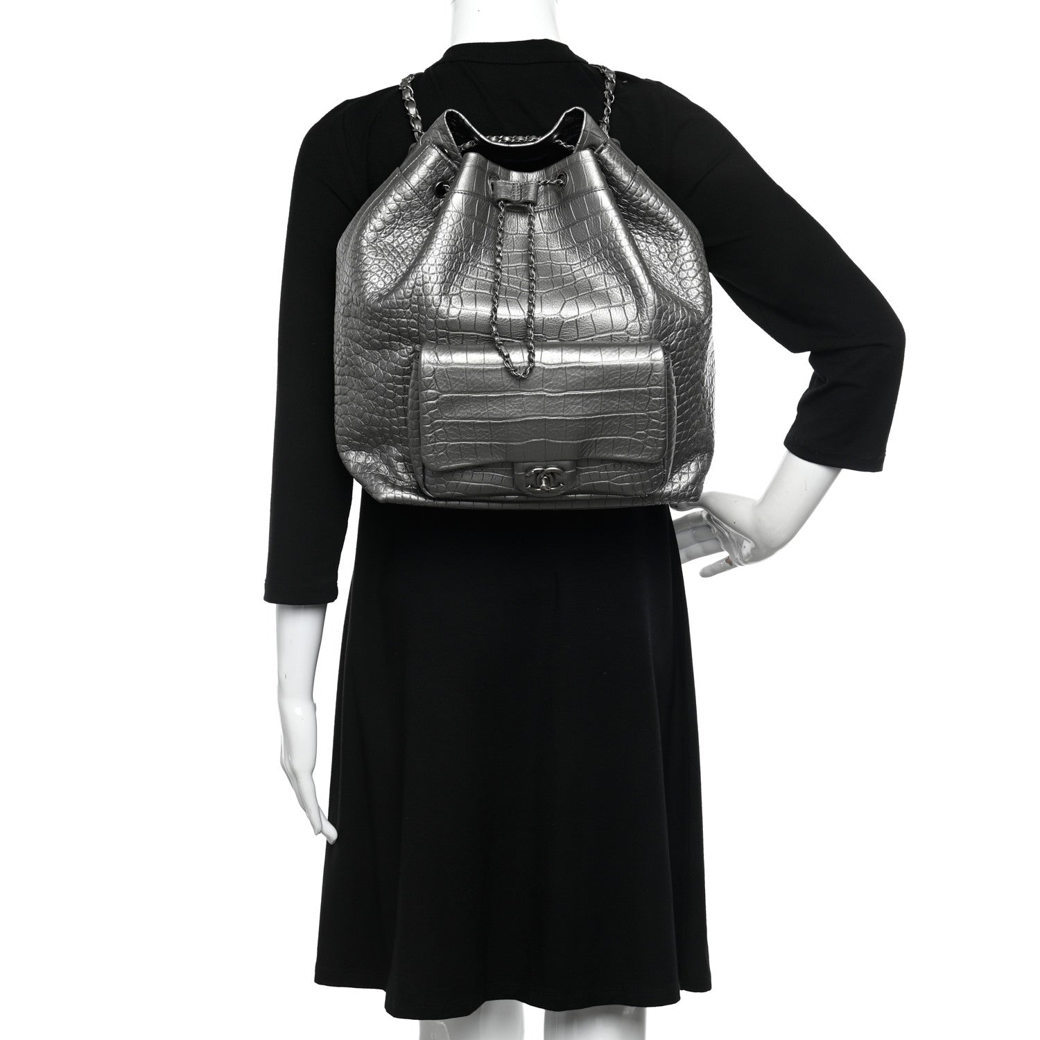 Chanel Metallic Calfskin Crocodile Embossed Large Backpack Silver 2 of 10