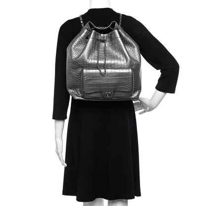 Chanel Metallic Calfskin Crocodile Embossed Large Backpack Silver 2 of 10