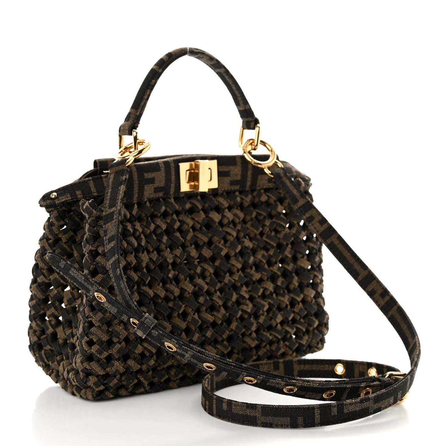 Fabric Jacquard FF 1974 Woven Knotted Mini Peekaboo Iconic Satchel Tobacco Moro