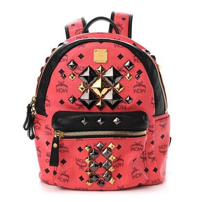 MCM Visetos Studded Colorblock Small Stark Brock Backpack Coral Black 1 of 11