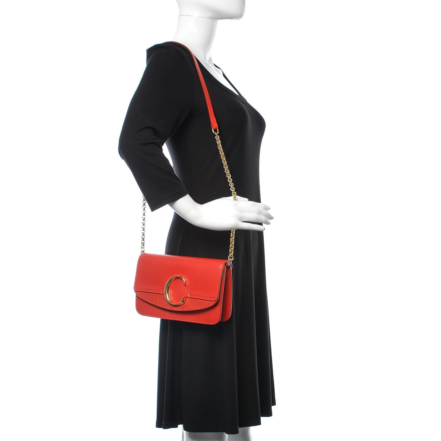 Calfskin Suede C Clutch With Chain Plaid Red