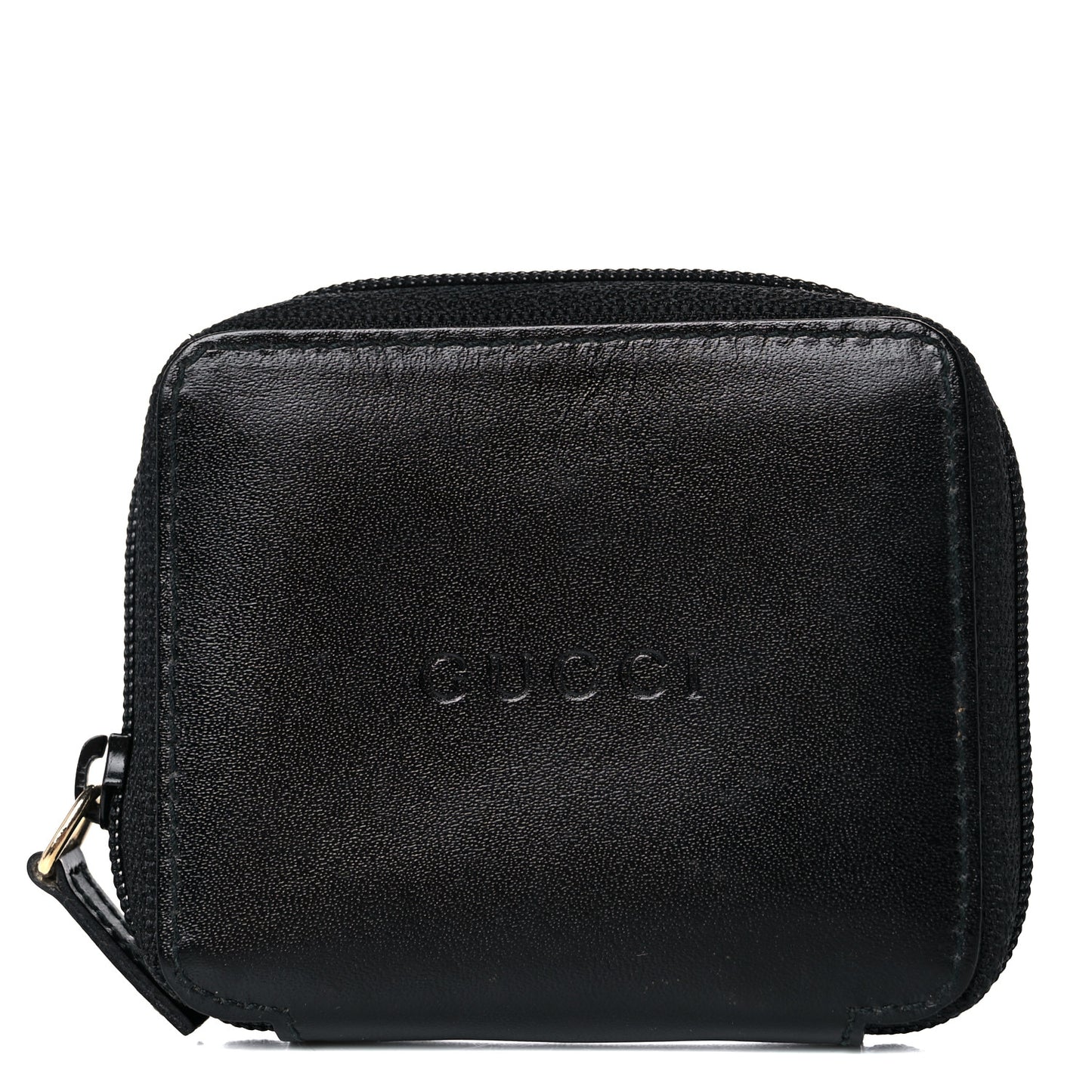 Calfskin Logo Embossed Zip Around Coin Wallet Black