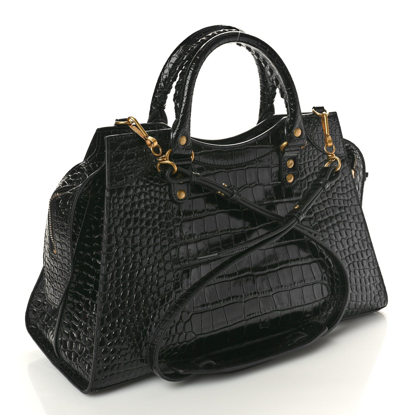 Shiny Supple Calfskin Crocodile Embossed Brass Hardware Neo Classic City Black