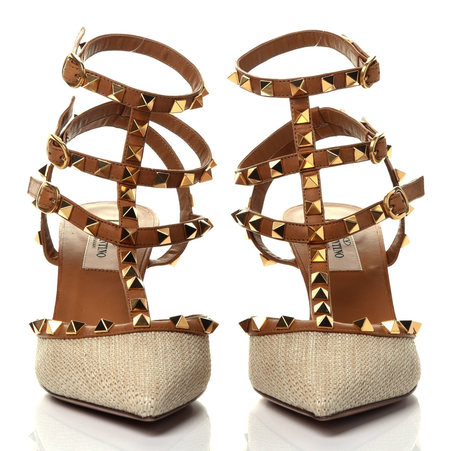 Raffia Calfskin Rockstud Ankle Strap 65mm Pumps 37.5 Natural Saddle Brown