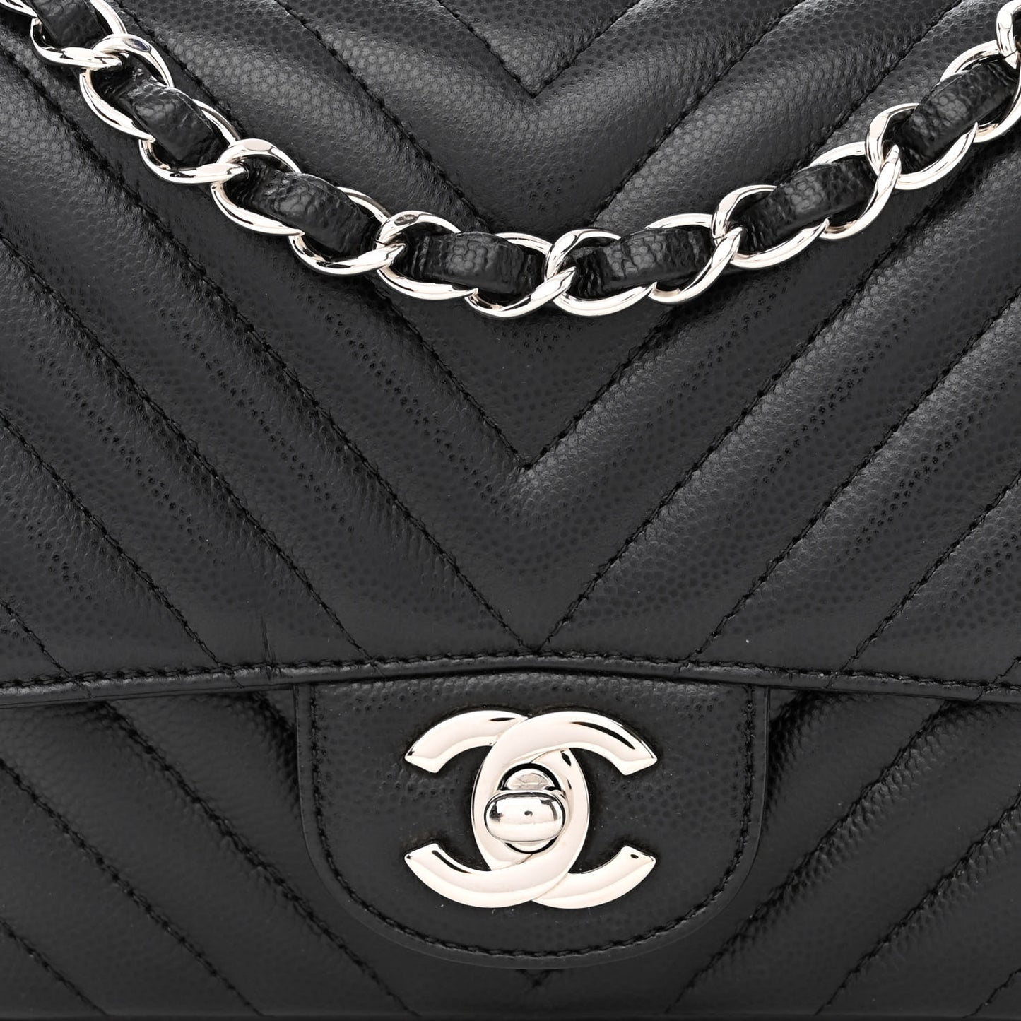 Caviar Chevron Quilted Mini Square Flap Black