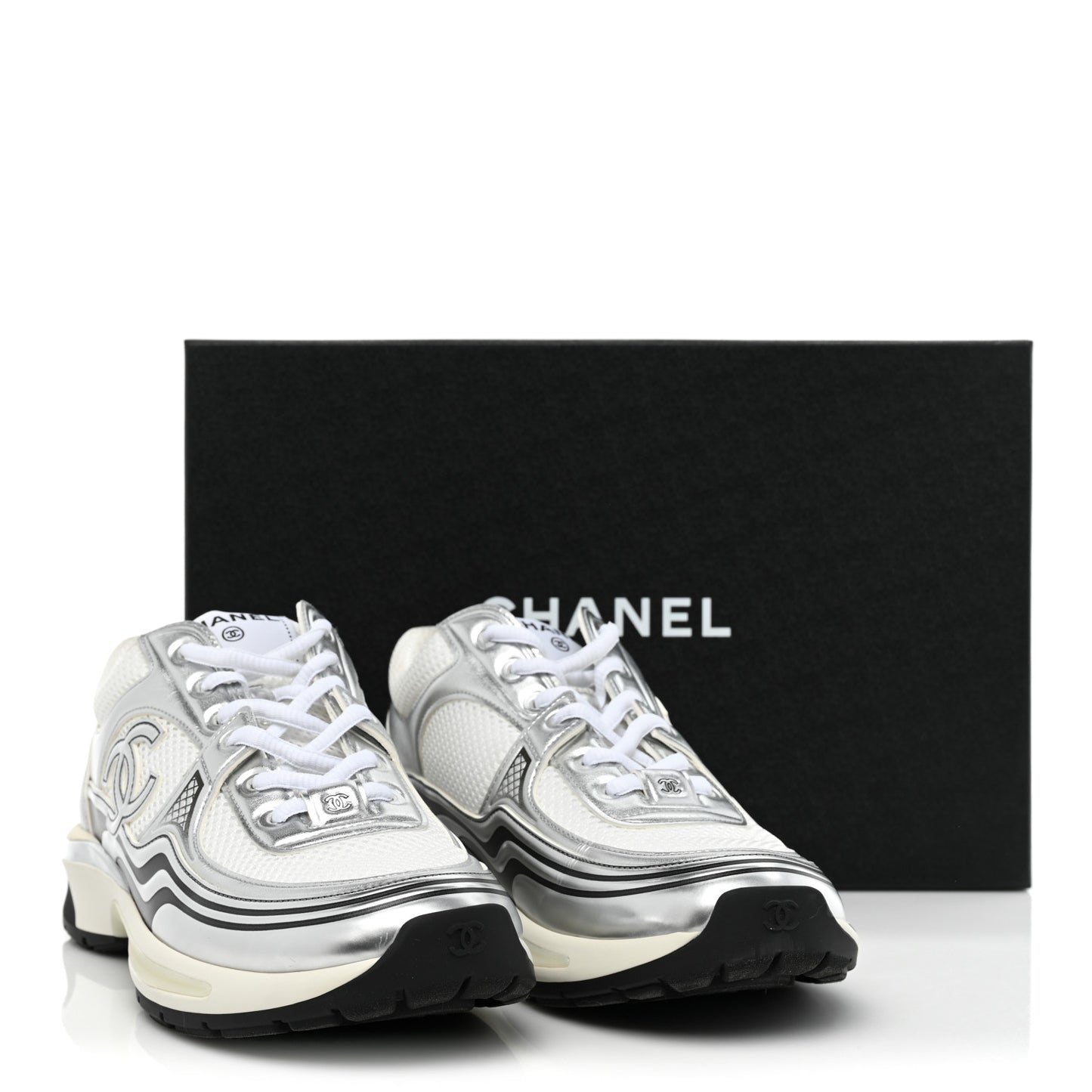 Fabric Laminated Calfskin Stretch CC Sneakers 39.5 White Silver