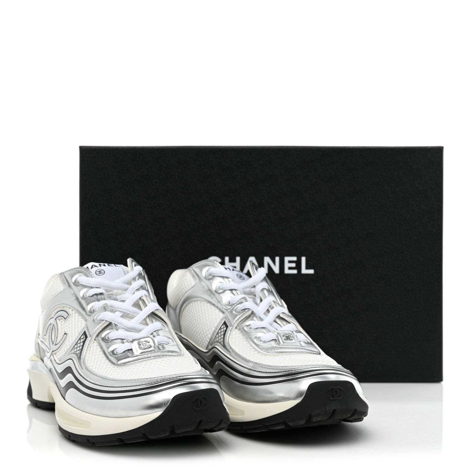 Chanel Fabric Laminated Calfskin Stretch CC Sneakers 39.5 White Silver 11 of 11