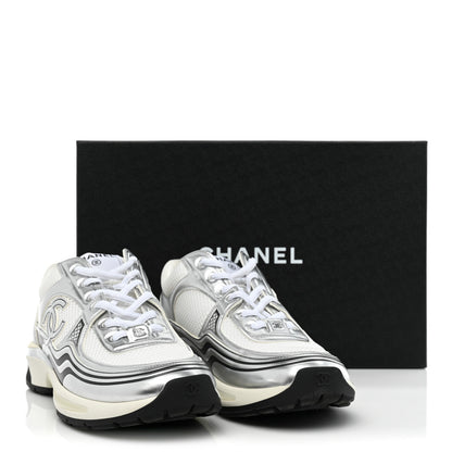 Chanel Fabric Laminated Calfskin Stretch CC Sneakers 39.5 White Silver 11 of 11