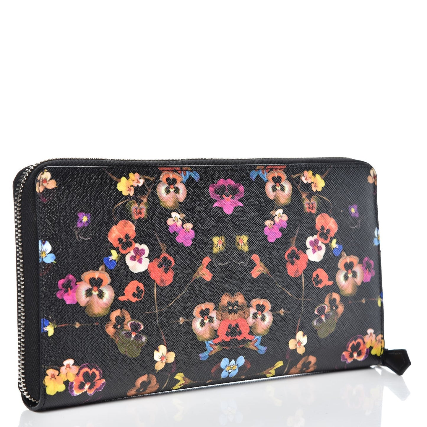Textured Coated Canvas Pansy Print Travel Zip Around Wallet Multicolor