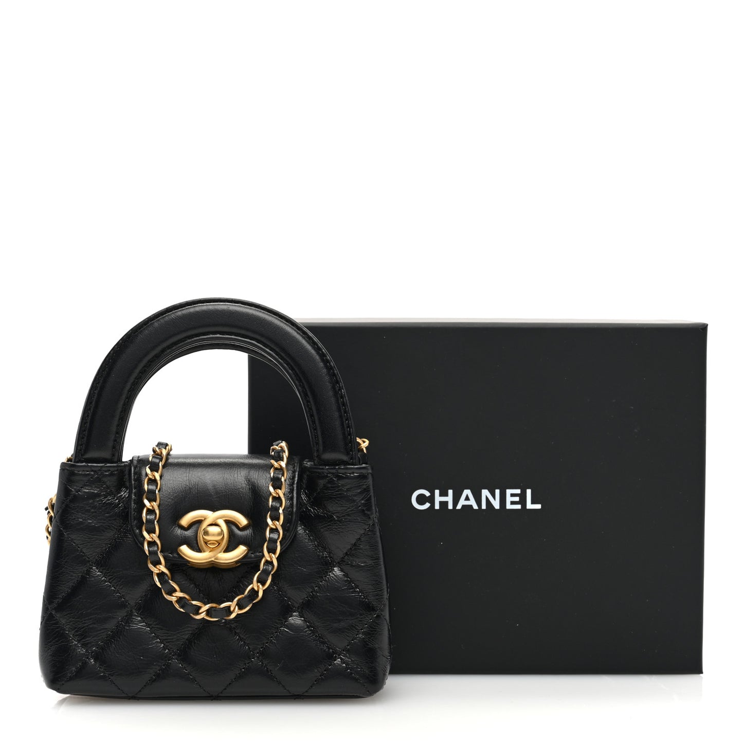 Shiny Aged Calfskin Quilted Mini Nano Kelly Shopper Black