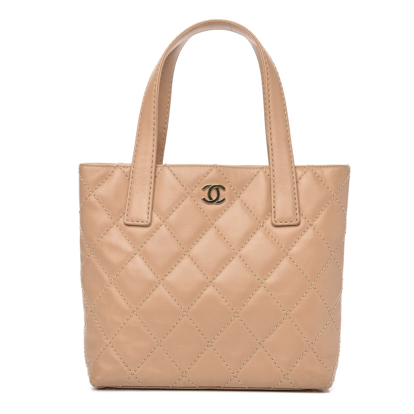 Calfskin Contrast Stitch Surpique Tote Beige