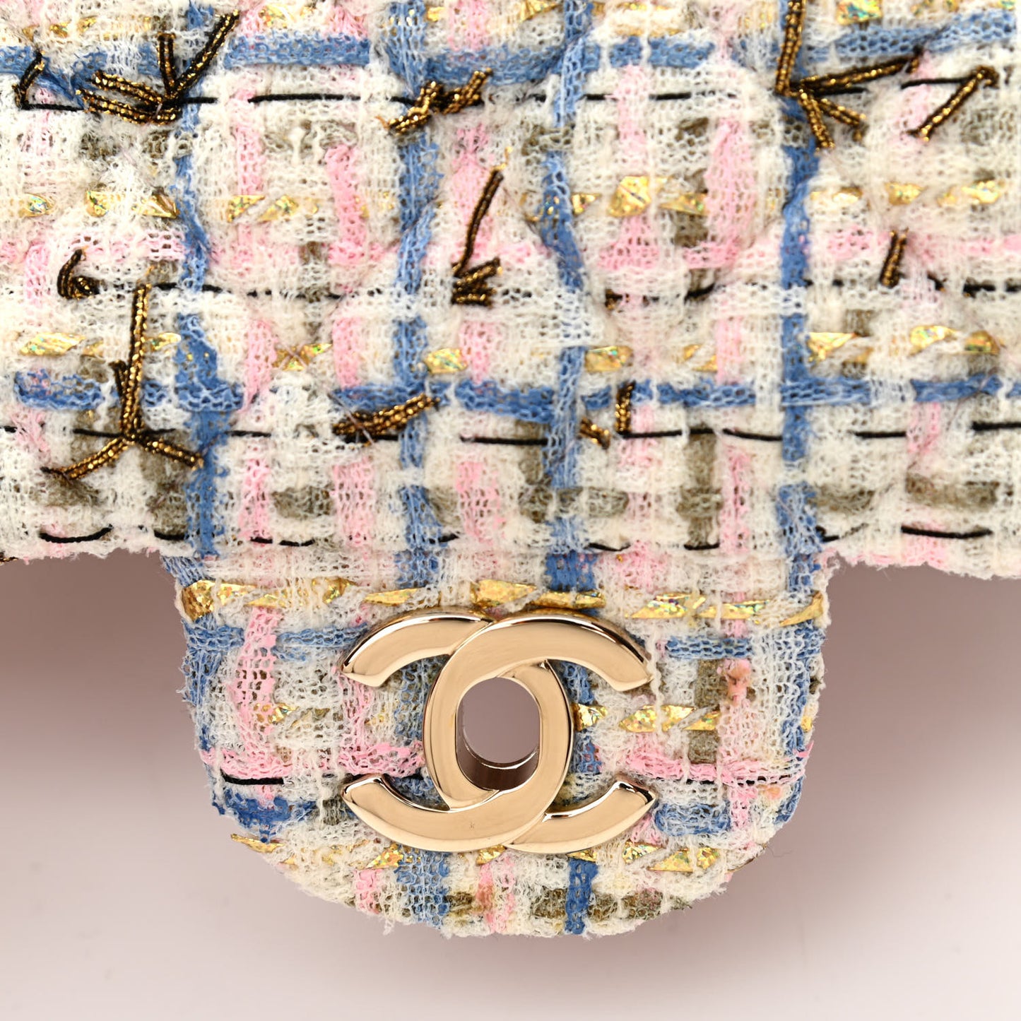 Tweed Quilted Mini Rectangular Flap Light Blue Pink Gold White