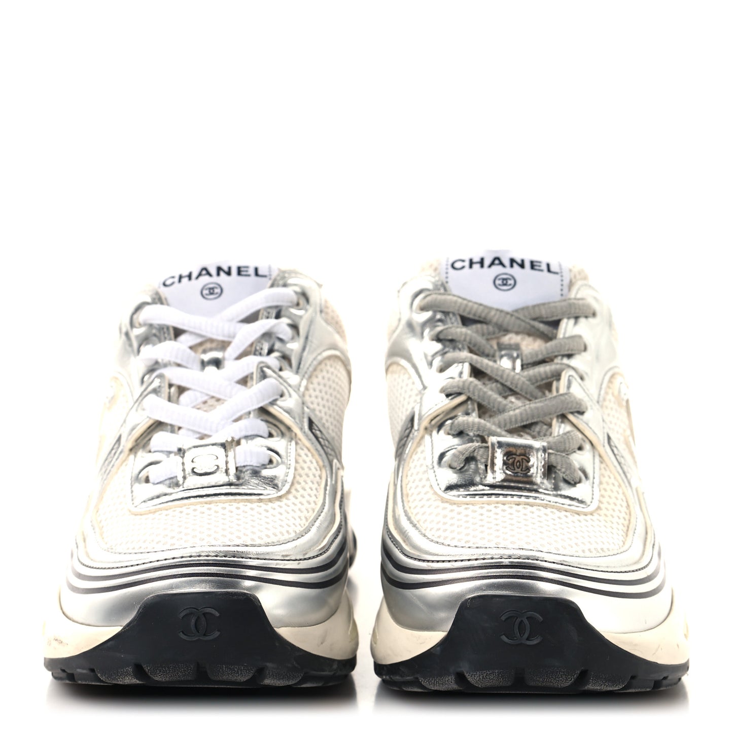 Fabric Laminated Calfskin Stretch CC Womens Sneakers 36 White Silver