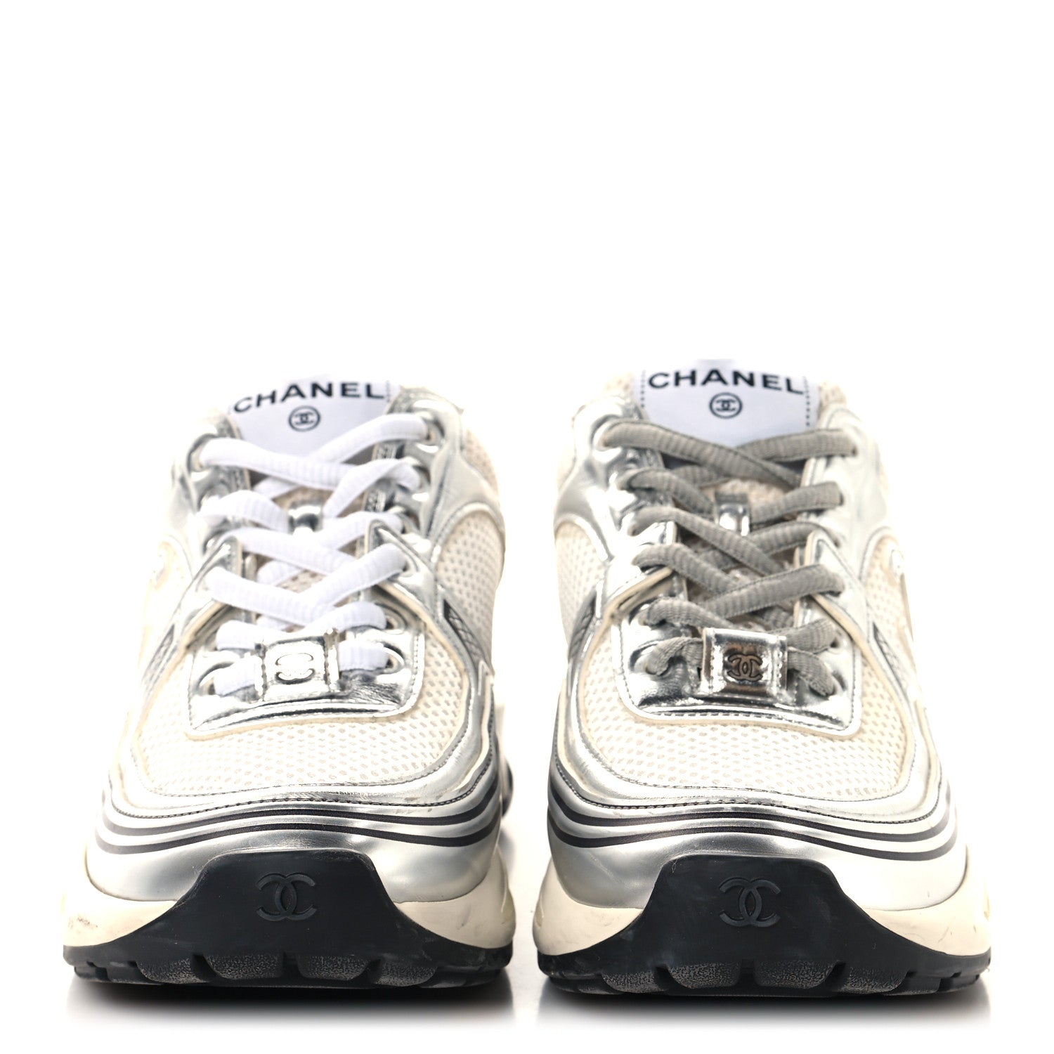 Chanel Fabric Laminated Calfskin Stretch CC Womens Sneakers 36 White Silver 3 of 8