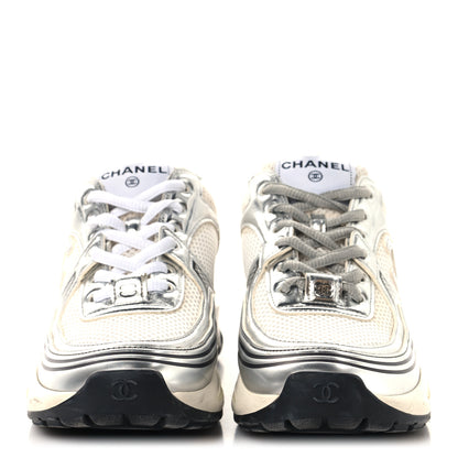 Chanel Fabric Laminated Calfskin Stretch CC Womens Sneakers 36 White Silver 3 of 8