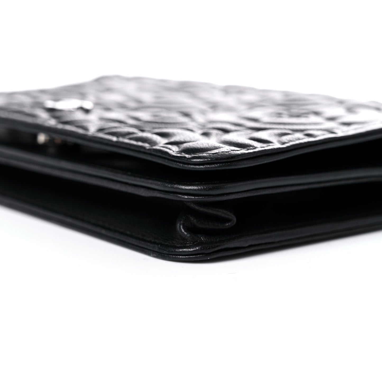 Lambskin Camellia Embossed Wallet on Chain WOC Black