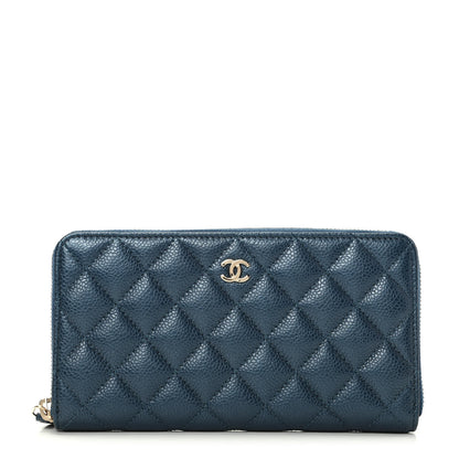 Chanel Metallic Caviar Quilted Large Gusset Zip Around Wallet Dark Blue 1 of 9