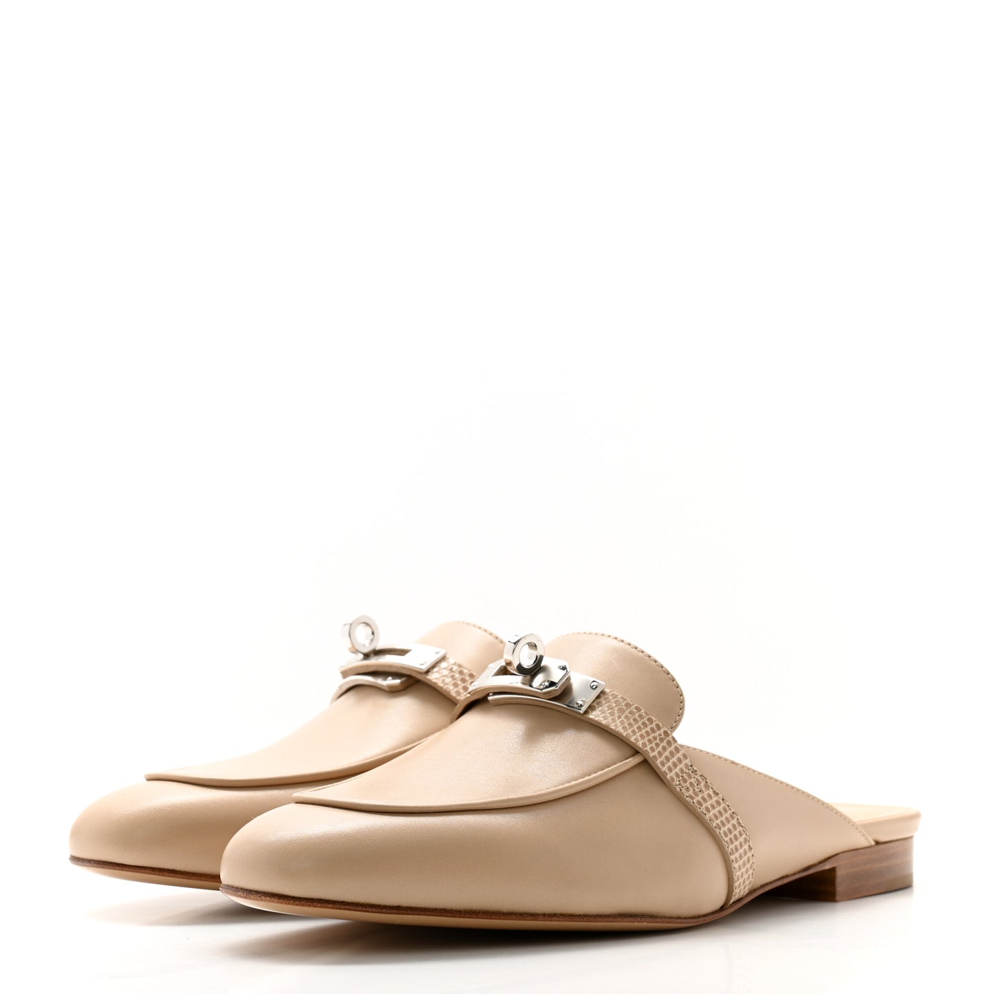 Shiny Lizard Calfskin Oz Mules 38 Beige Sarrazin