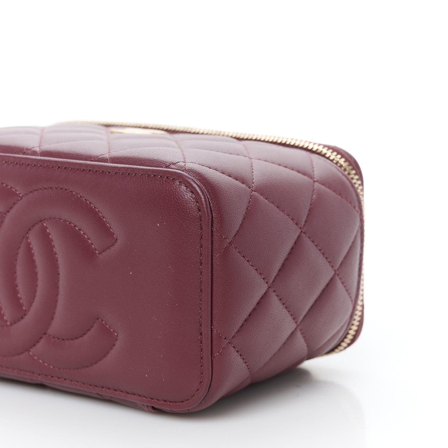 Lambskin Quilted Metal Small Top Handle Vanity Case With Chain Burgundy