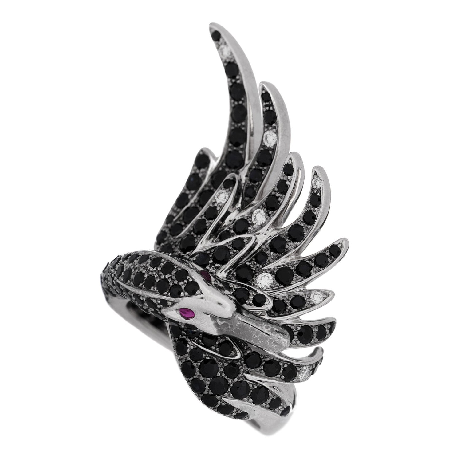 Boucheron 18K White Gold Diamond Black Sapphire Ruby Cypris Swan Ring 52 6 1 of 8