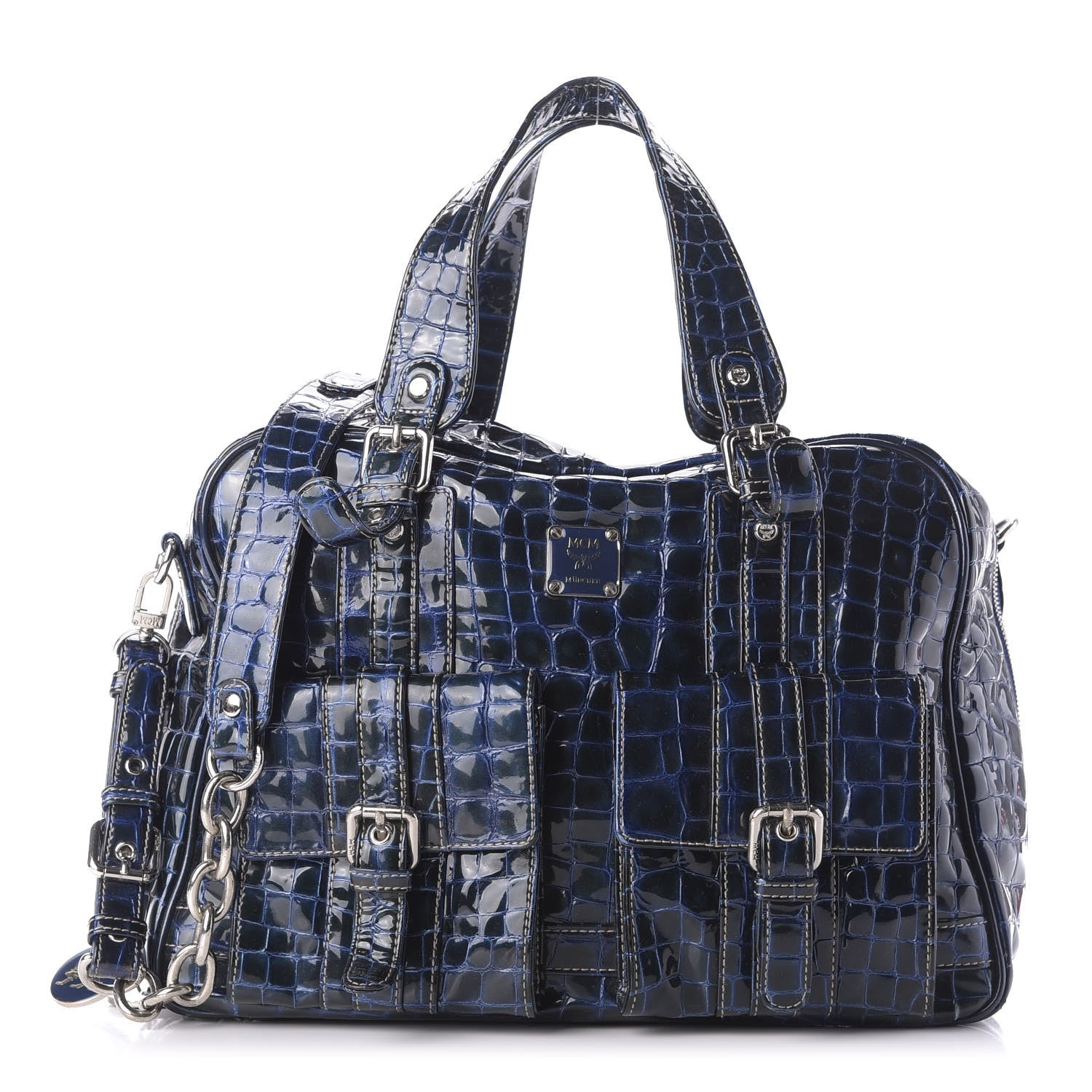 MCM Crocodile Embossed Patent Calfskin Double Pocket Tote Blue 1 of 11