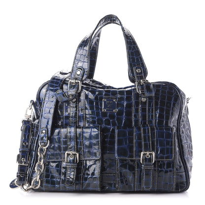 MCM Crocodile Embossed Patent Calfskin Double Pocket Tote Blue 1 of 11