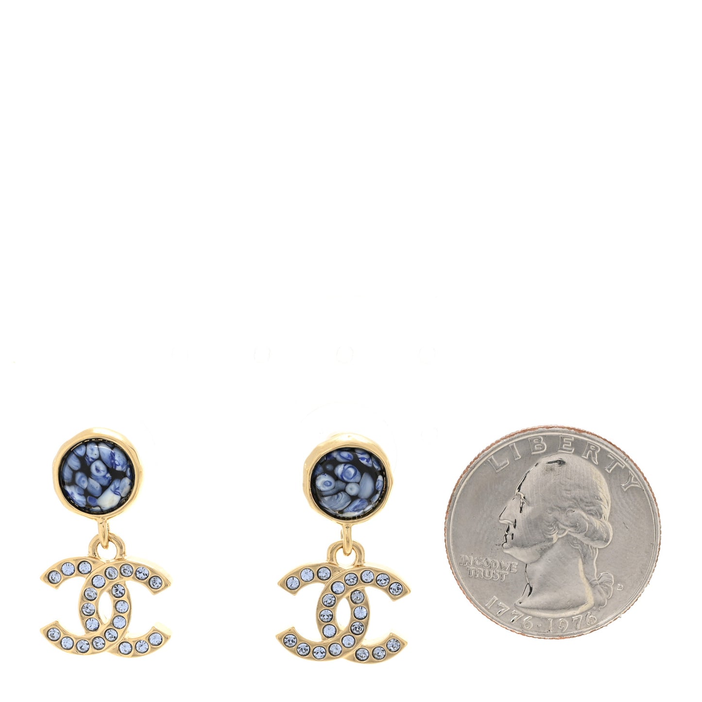 Crystal Stone CC Drop Earrings Blue Gold