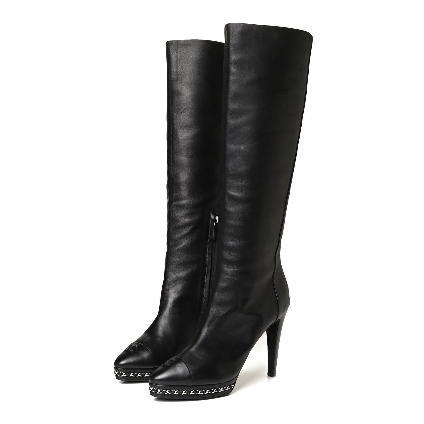 Lambskin CC Platform Cap Toe Chain Knee High Boots 42 Black