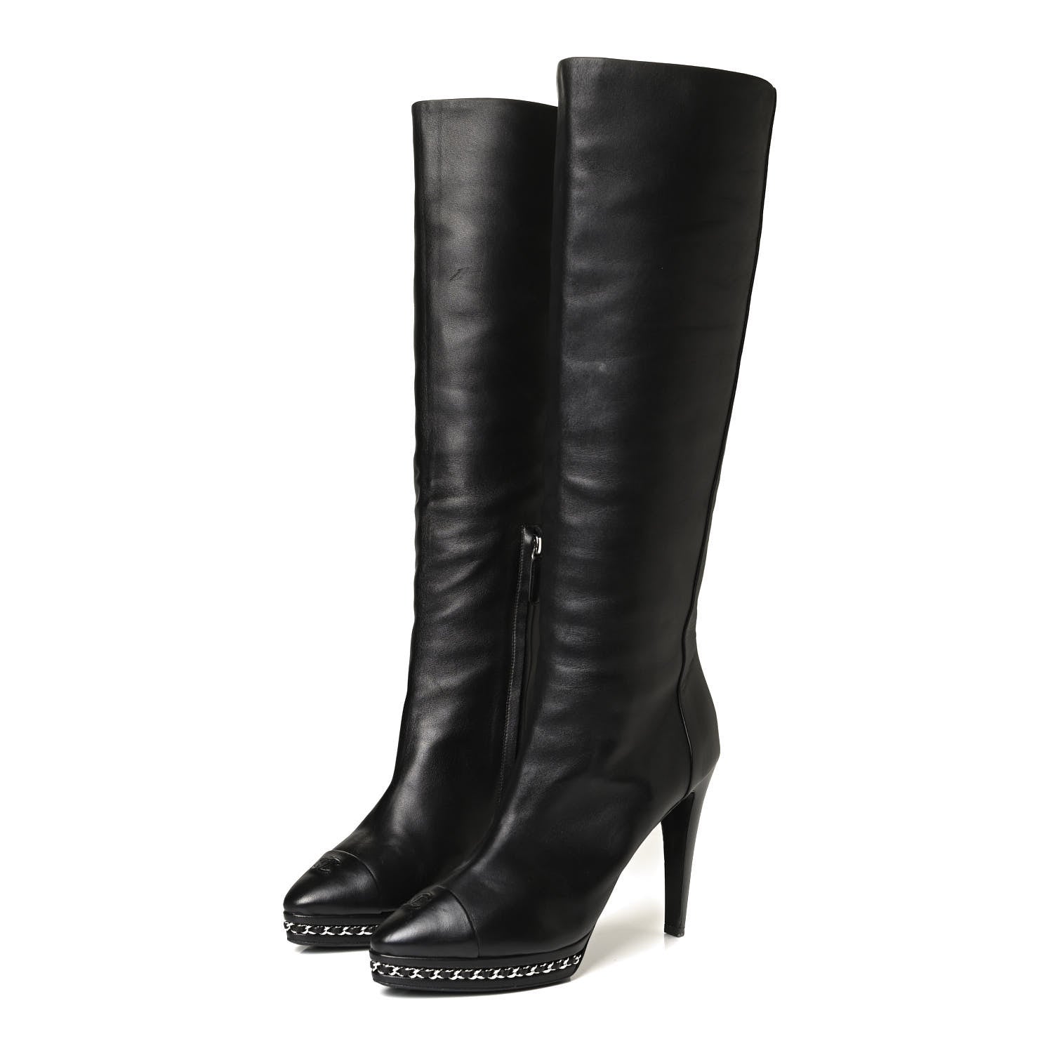 Chanel Lambskin CC Platform Cap Toe Chain Knee High Boots 42 Black 5 of 18