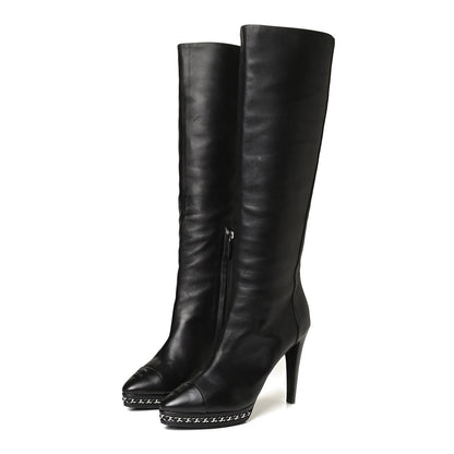 Chanel Lambskin CC Platform Cap Toe Chain Knee High Boots 42 Black 5 of 18