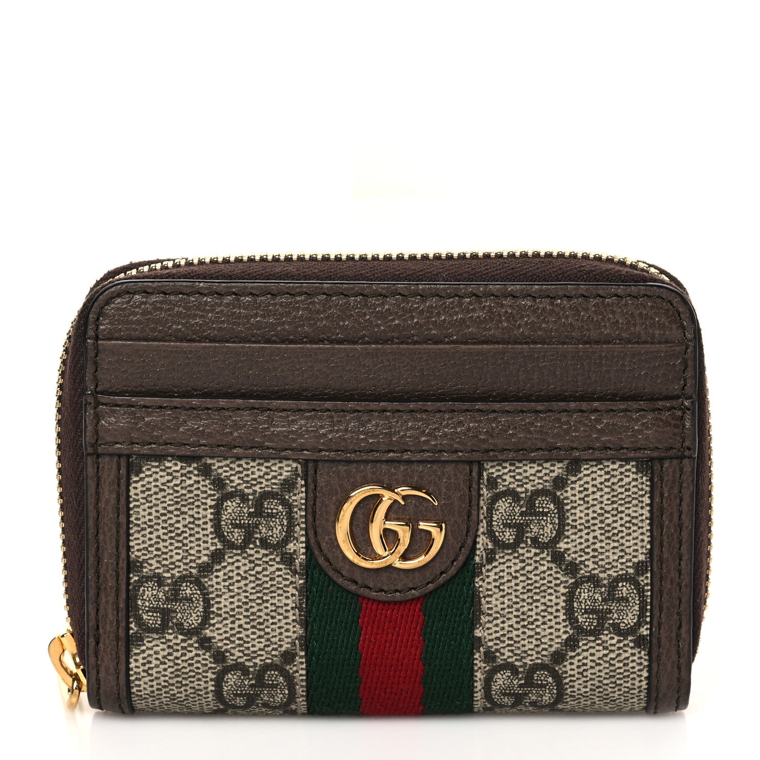 Gucci GG Supreme Monogram Textured Dollar Calfskin Web Ophidia Zip Around Card Case Wallet Beige Ebony New Acero 1 of 8
