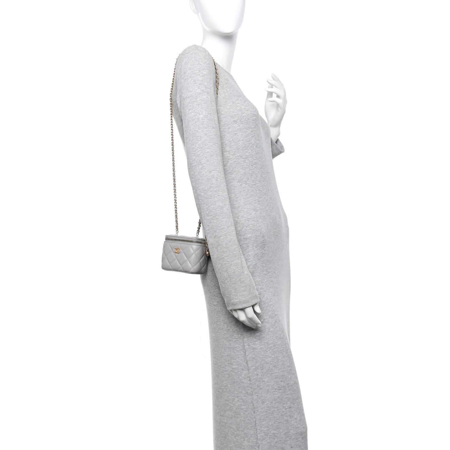 Lambskin Quilted Pearl Crush Mini Vanity Case With Chain Grey