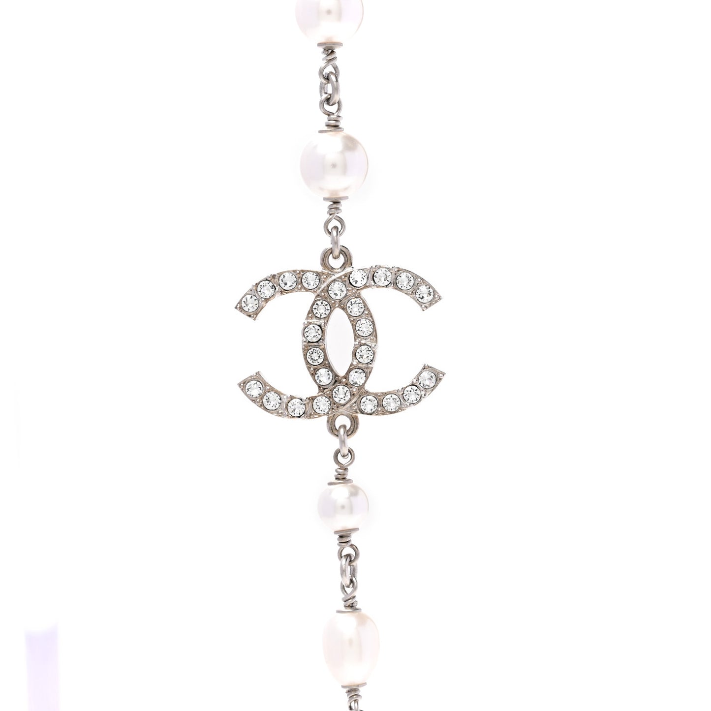 Metal Crystal Pearl CC Long Necklace Silver