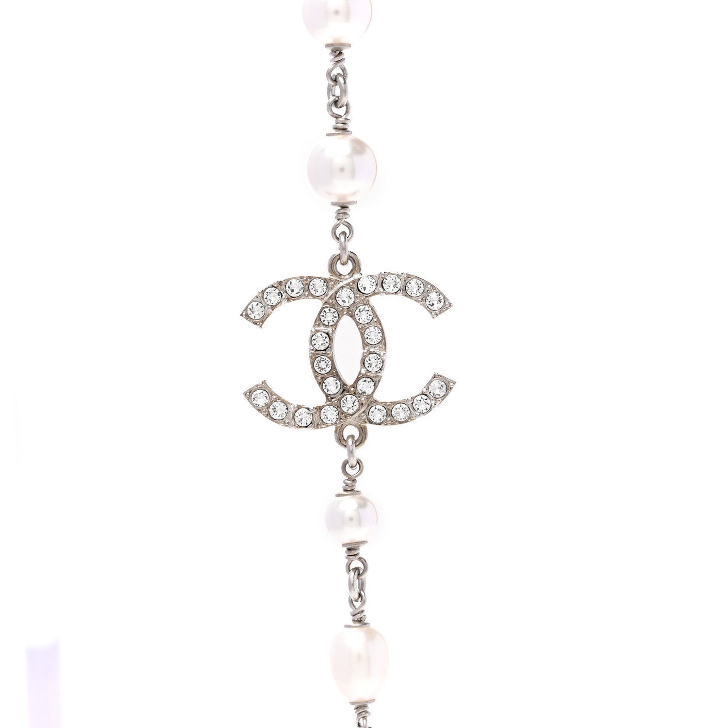 Chanel Metal Crystal Pearl CC Long Necklace Silver 4 of 5