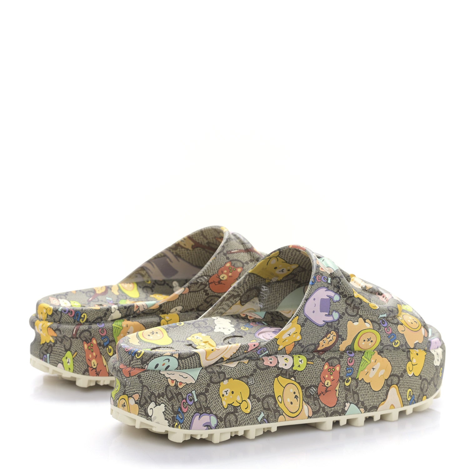 Gucci X PIKARAR Cubic Rubber Monogram Animal Print Womens Interlocking G Platform 42mm Slide Sandals 37 Beige Ebony Multicolor 4 of 8