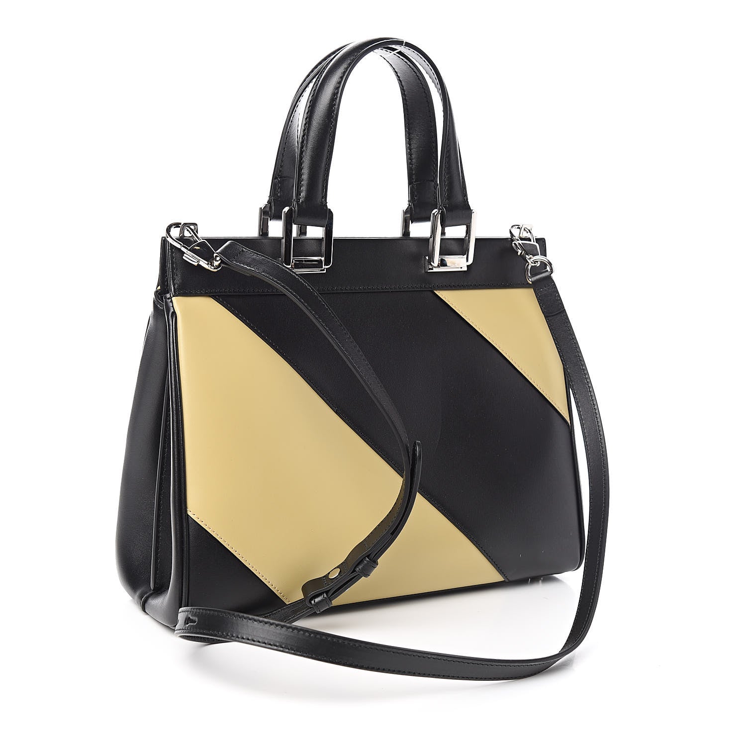 Gucci Smooth Calfskin Diagonal Striped Small Zumi Top Handle Bag Black Beige 3 of 10