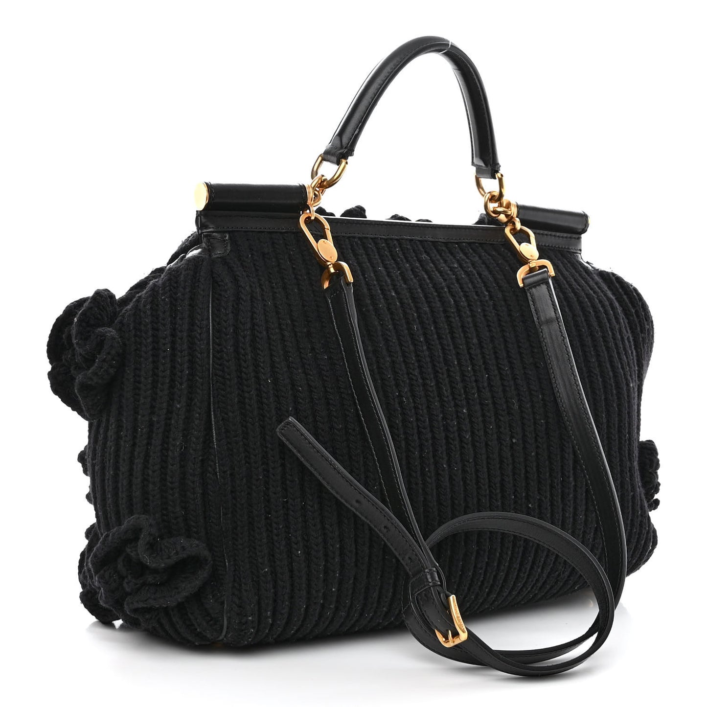 Calfskin Floral Knit Miss Sicily Satchel Black