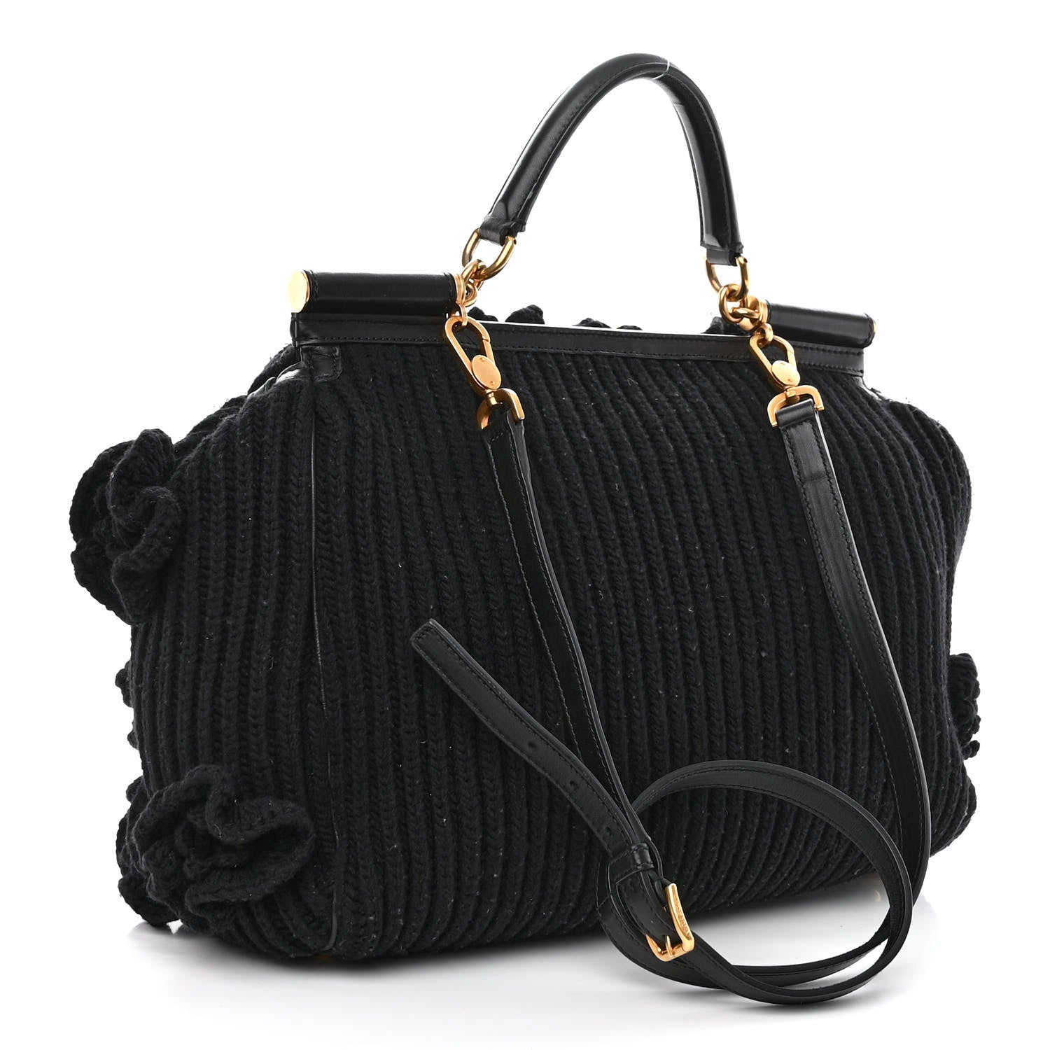 Dolce & Gabbana Calfskin Floral Knit Miss Sicily Satchel Black 3 of 12