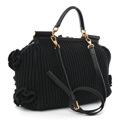 Dolce & Gabbana Calfskin Floral Knit Miss Sicily Satchel Black 3 of 12