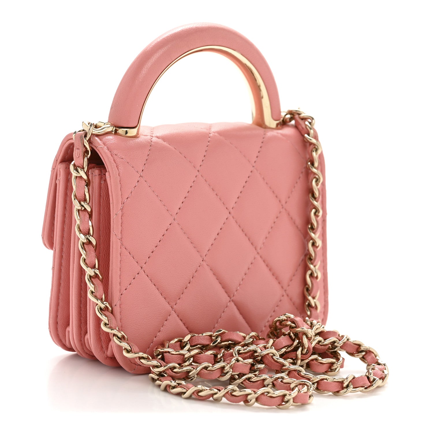 Chanel Lambskin Quilted Top Handle Flap Clutch With Chain Pink 3 of 13