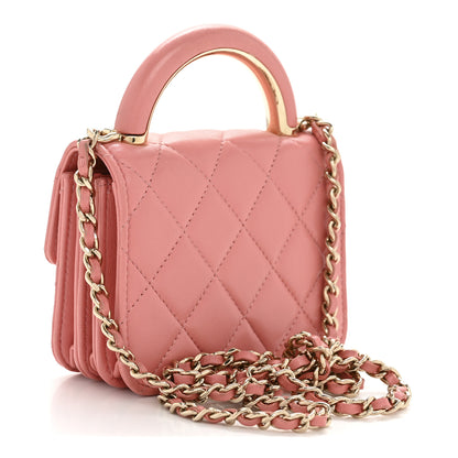 Chanel Lambskin Quilted Top Handle Flap Clutch With Chain Pink 3 of 13
