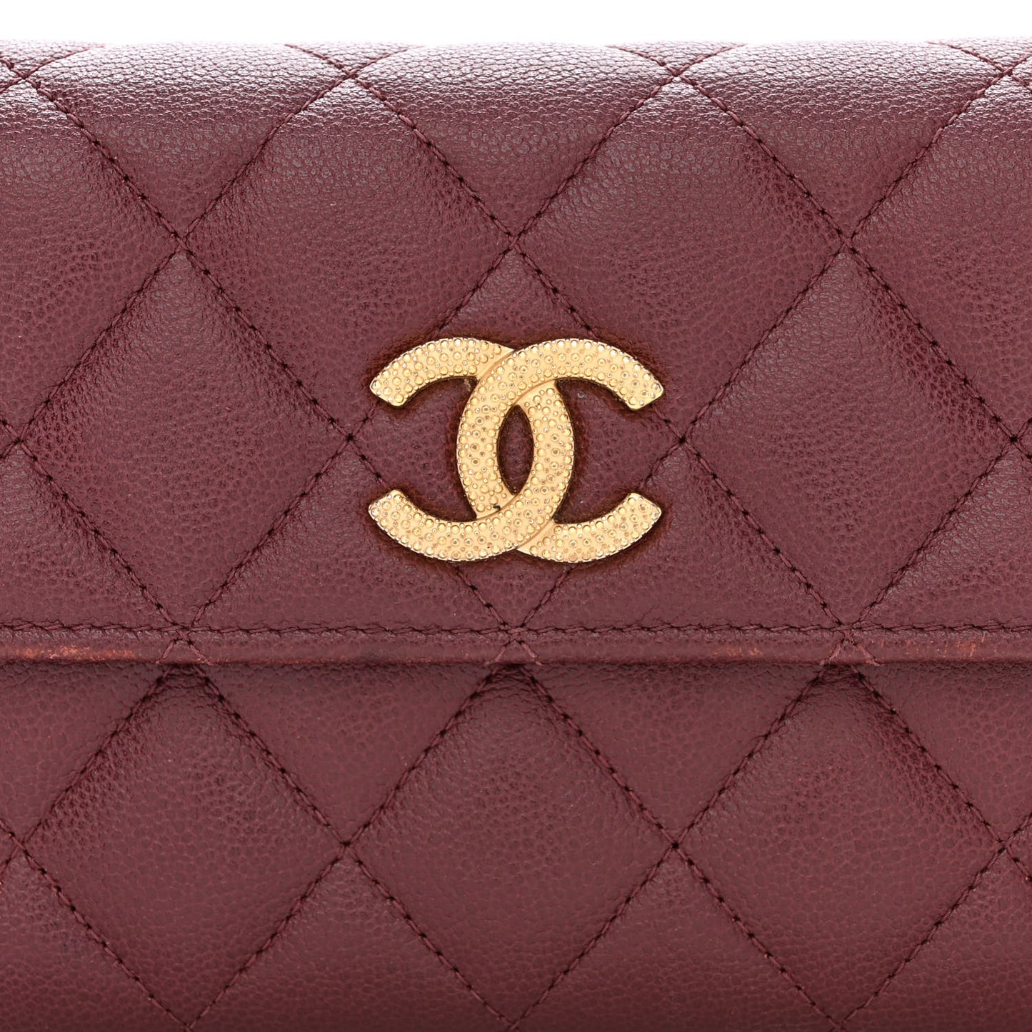 Caviar Quilted Studded CC Large Gusset Flap Wallet Burgundy