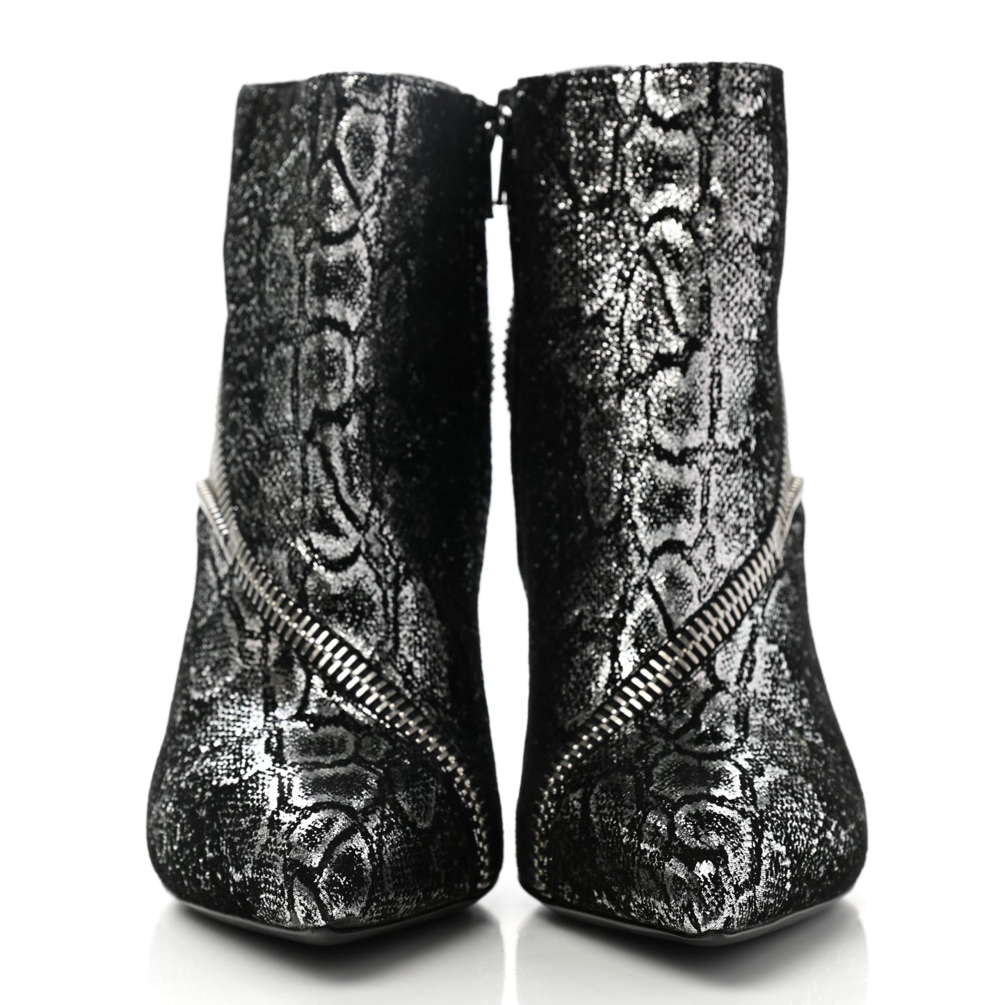 Metallic Snakeskin Embossed Calfskin Pointed Toe Ankle Boots 36.5 Black Silver