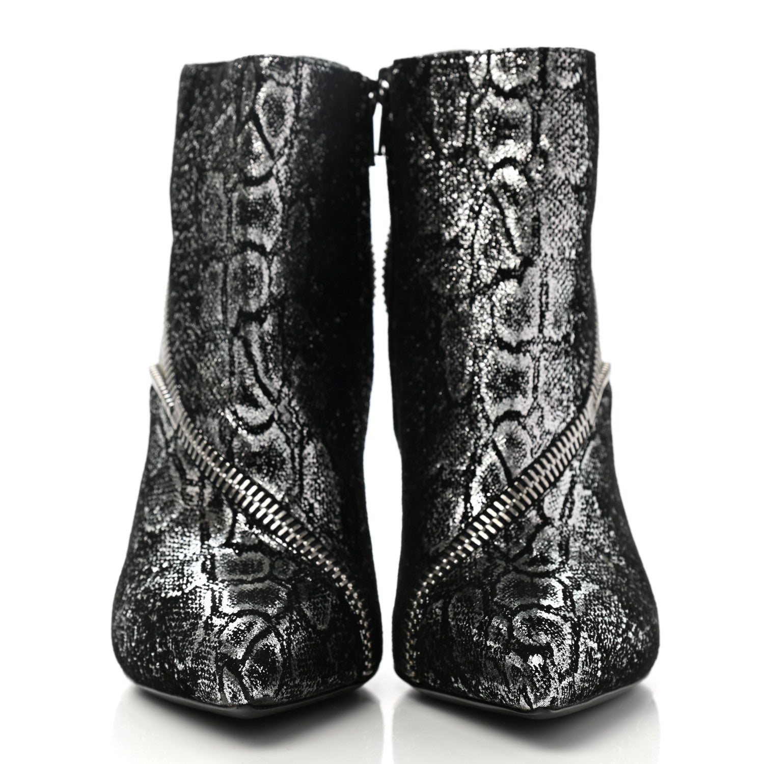 Saint Laurent Metallic Snakeskin Embossed Calfskin Pointed Toe Ankle Boots 36.5 Black Silver 2 of 9
