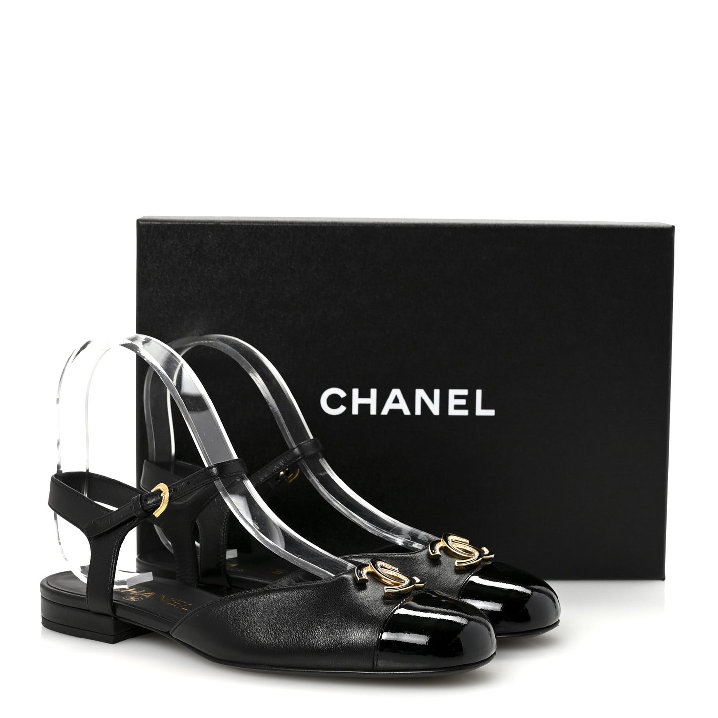 Lambskin Patent Cap Toe Crystal Enamel CC Mary Jane Slingback Flats 37 Black