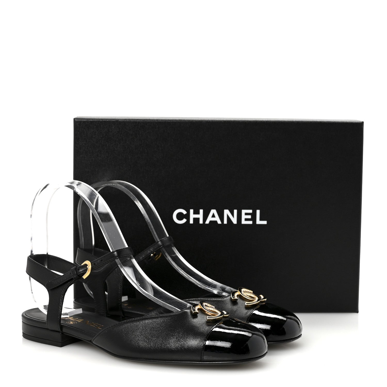 Chanel Lambskin Patent Cap Toe Crystal Enamel CC Mary Jane Slingback Flats 37 Black 10 of 10