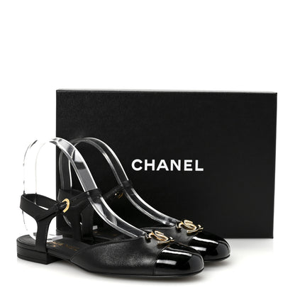Chanel Lambskin Patent Cap Toe Crystal Enamel CC Mary Jane Slingback Flats 37 Black 10 of 10
